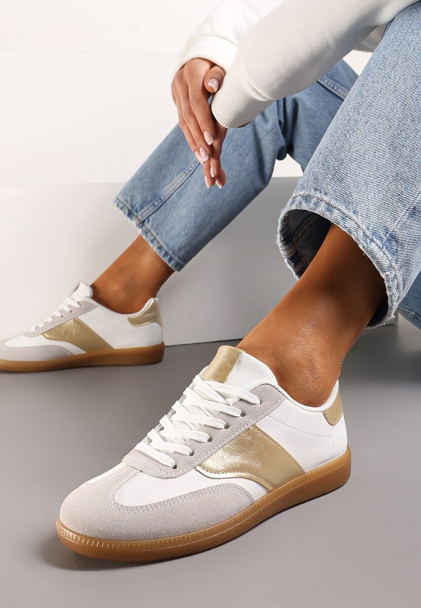 Biało-Złote Sneakersy Tenisówki z Klasycznym Sznurowaniem Norio