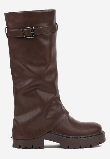 Ciemnobrązowe Kozaki VICES z Marszczoną Cholewką Imitującą Nogawkę ze Sprzączką Valles