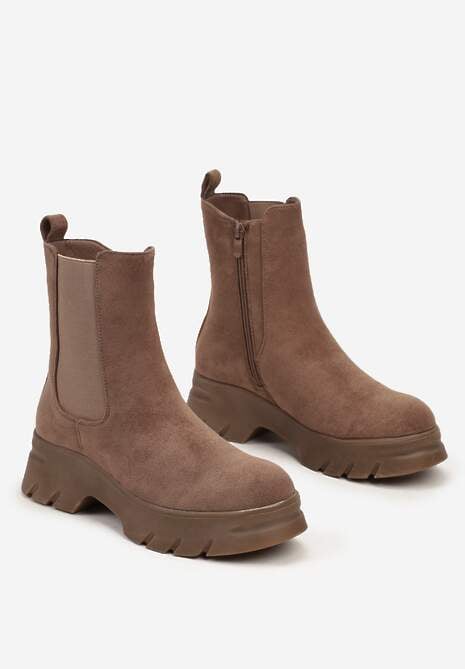Ciemnobeżowe Botki Sztyblety na Platformie z Elastyczną Cholewką Mavita