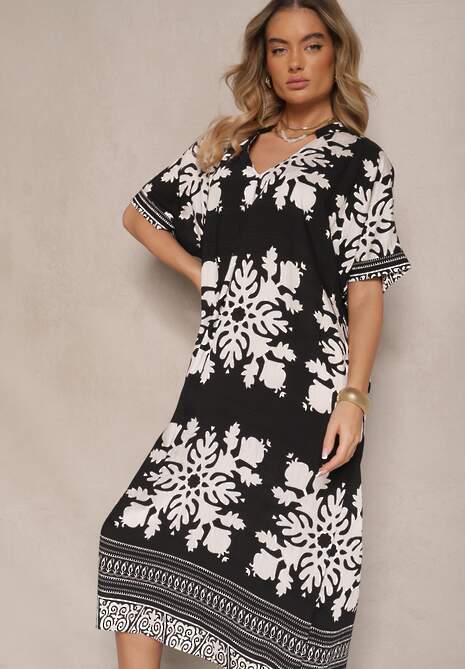 Czarna Wiskozowa Sukienka o Pudełkowym Kroju z Dekoltem w Serek Adellira