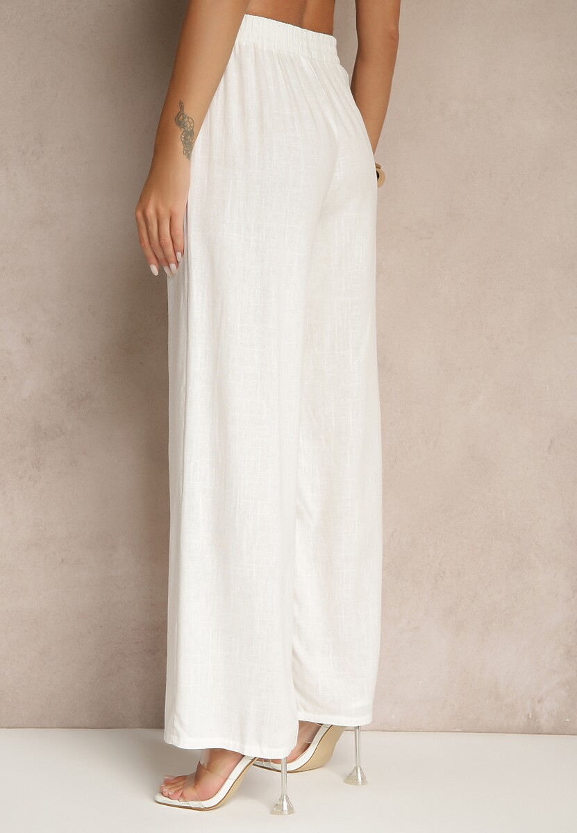 Białe Spodnie z Lnem o Szerokim Kroju z Gumką w Talii Filarive
