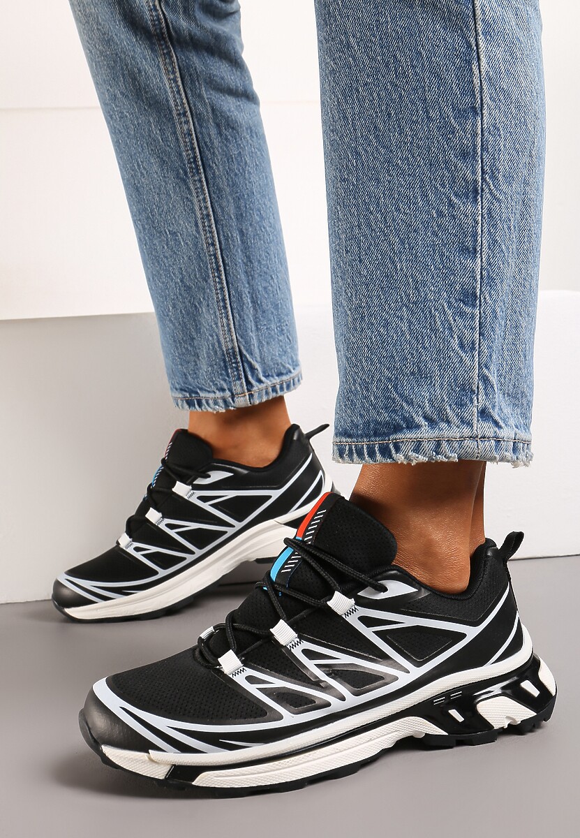 Czarno-Białe Sneakersy na Grubej Podeszwie ze Sznurowaniem i Ozdobnymi Gumowymi Elementami Tellgina