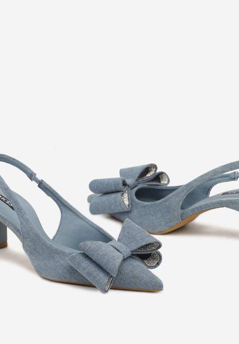 Niebieskie Czółenka na Szpilce Kaczuszce Ozdobione Cyrkoniami i Kokardą Felabra