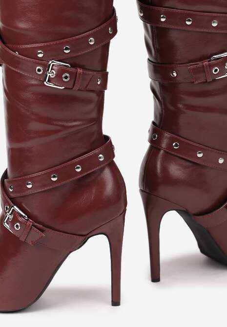 Bordowo-Czerwone Kozaki Bikery na Szpilce z Klamrami i Paskami Jurisse