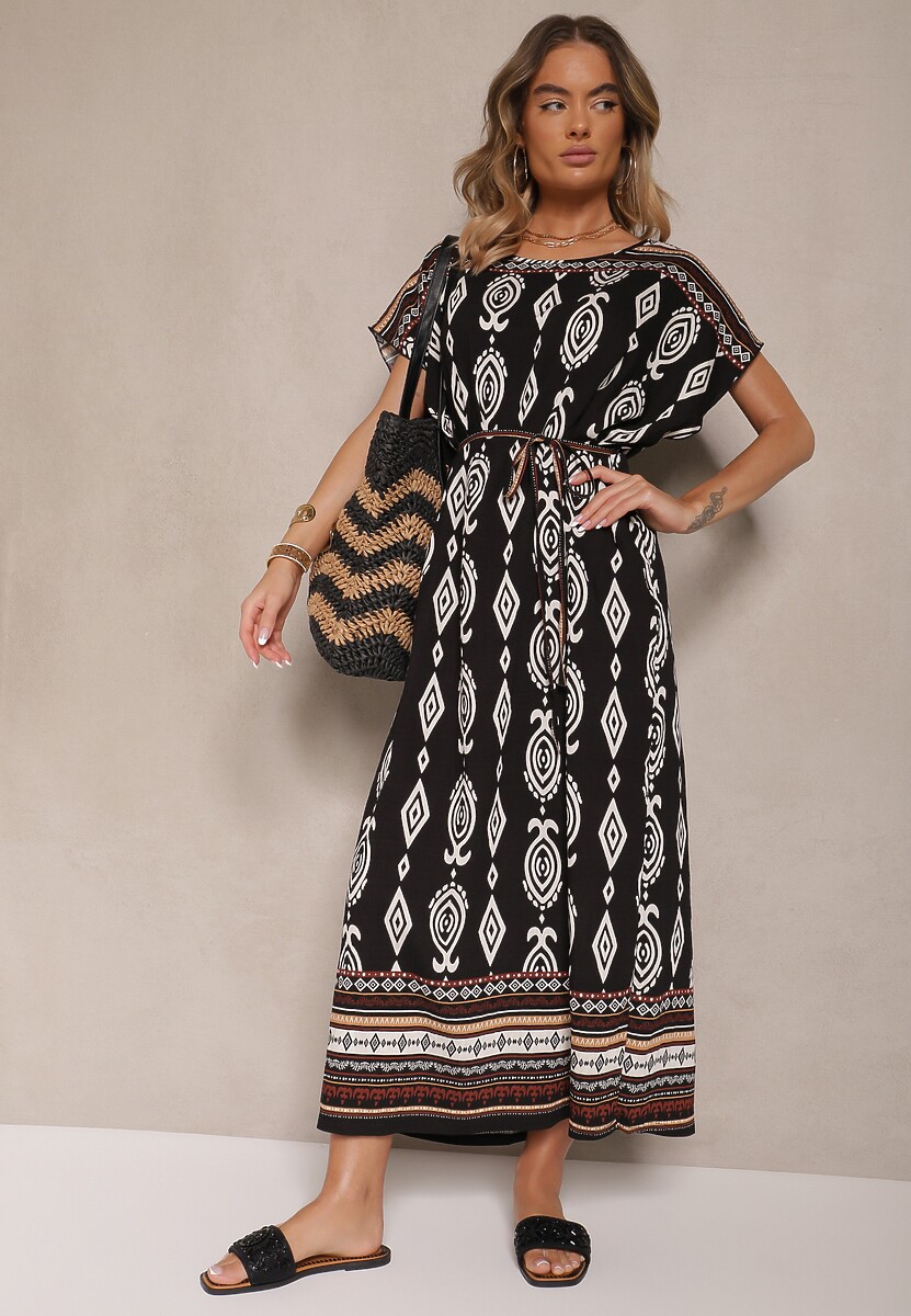 Czarna Wiskozowa Sukienka o Pudełkowym Kroju w Etniczny Print Miriliana