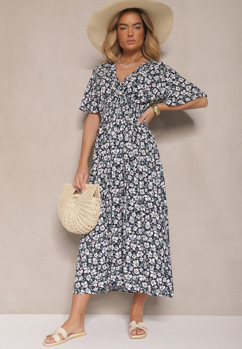 Granatowa Sukienka Rozkloszowana o Kopertowym Kroju w Kwiatowy Print Borriz
