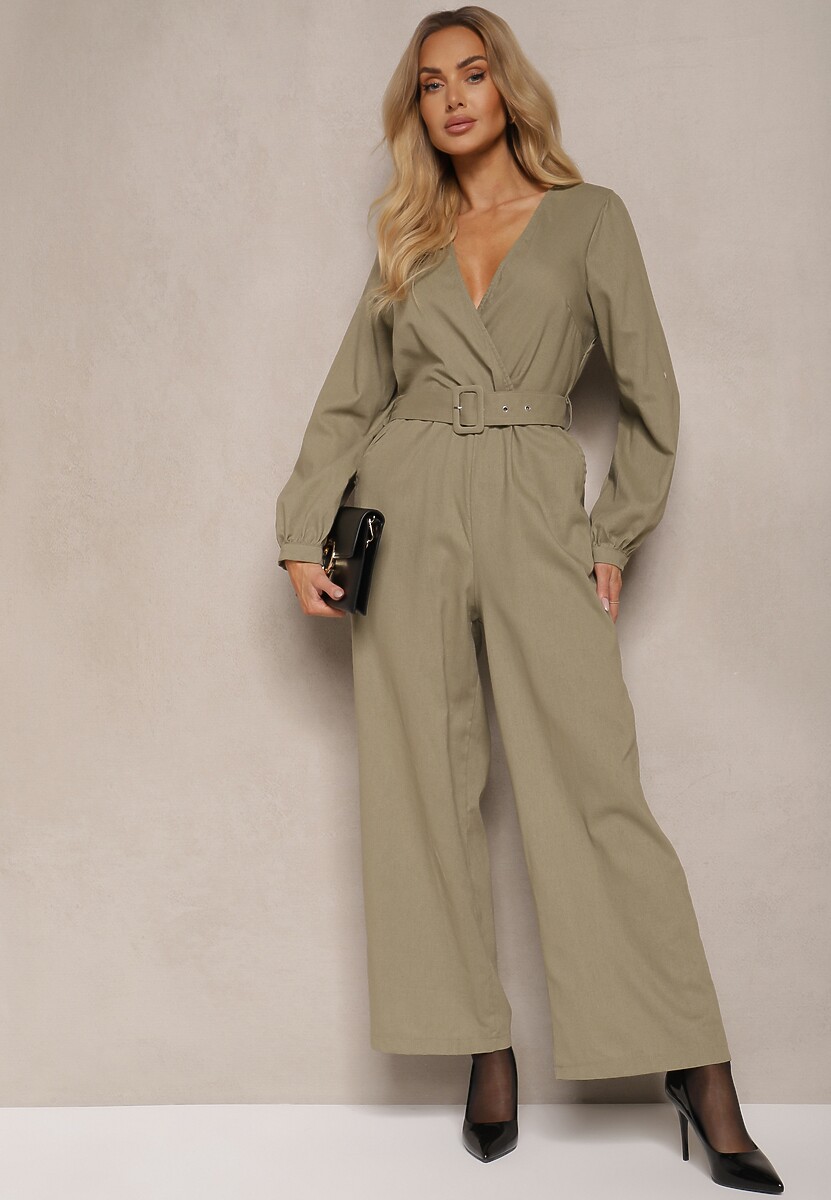 Brązowy Kopertowy Kombinezon z Bawełny z Dodatkowym Paskiem i Gumką w Talii Rinnarela