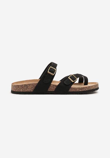 Czarne Klapki Japonki ze Sprzączkami na Podeszwie z Imitacji Korka Idanavia