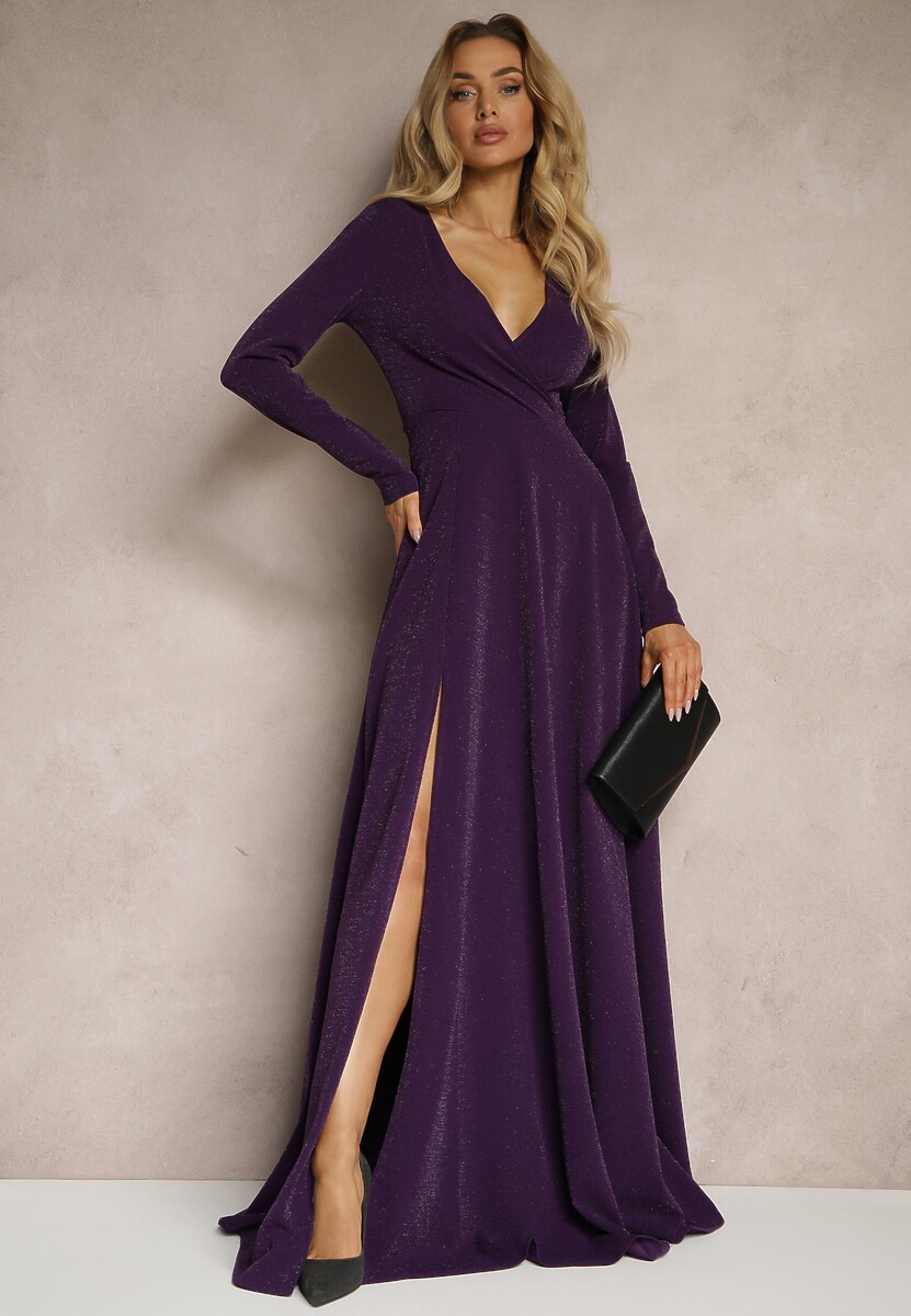 Ciemnozielona Kopertowa Sukienka o Rozkloszowanym Kroju z Rozcięciem i Metalicznymi Przeszyciami Emiraia