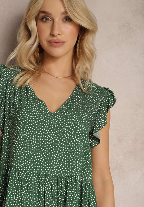 Ciemnozielona Rozkloszowana Sukienka z Bawełny w Kropki z Trójkątnym Dekoltem Riessa