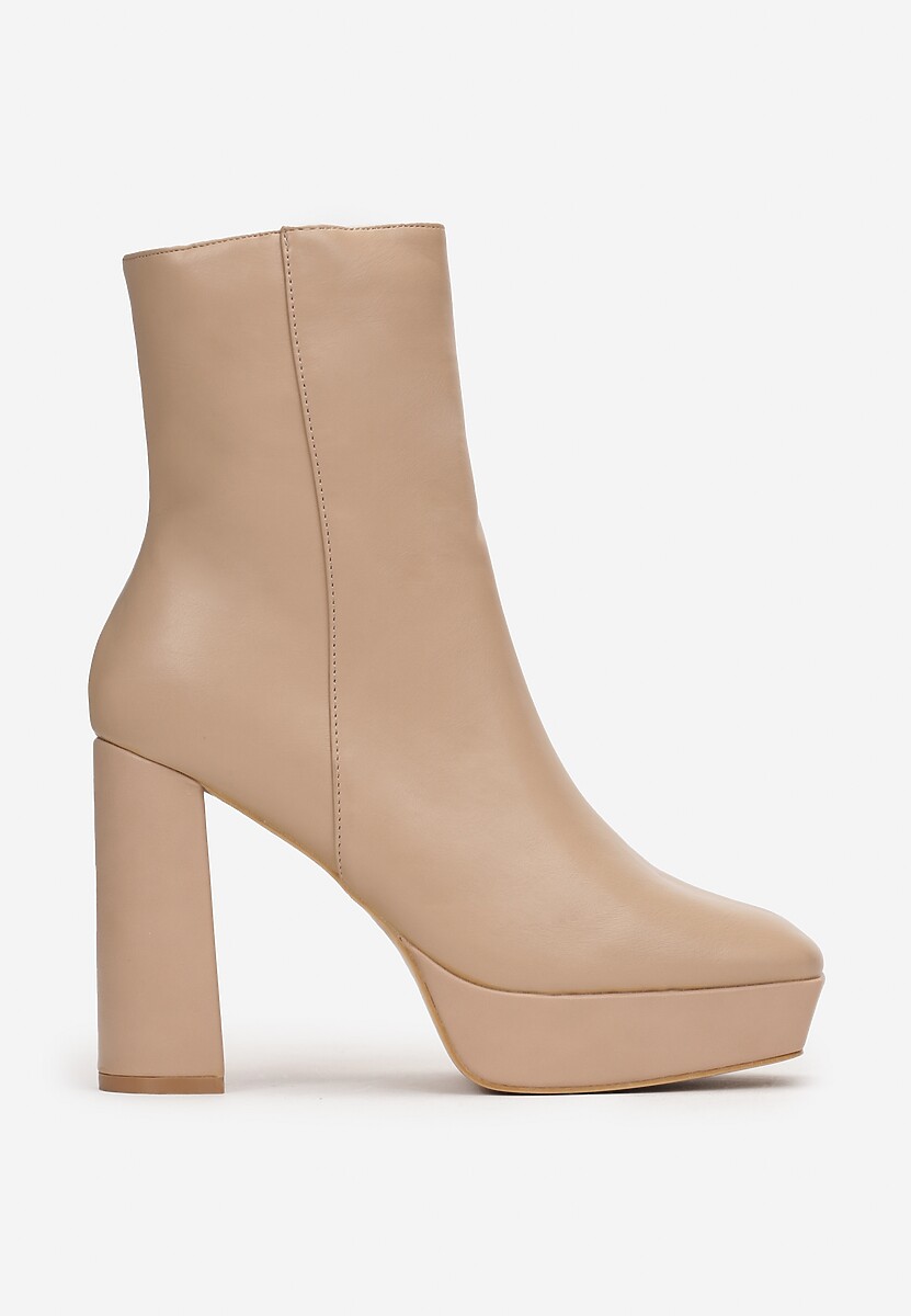 Beżowe Botki z Kwadratowym Noskiem na Słupku i Platformie Nopemia