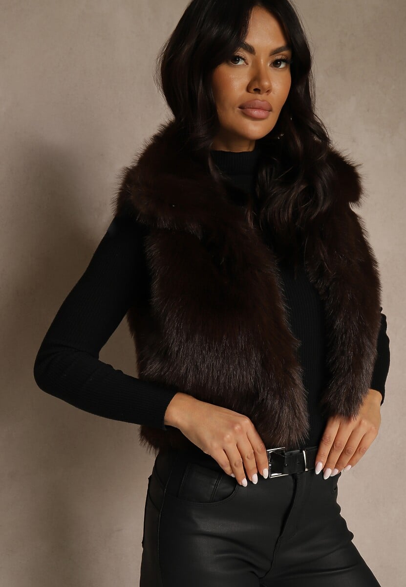 Brązowa Futerkowa Kamizelka z Kołnierzem i Kieszeniami Nenessa