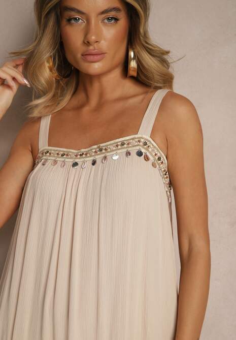 Beżowa Rozkloszowana Sukienka z Wiskozy z Metalicznymi Aplikacjami Sevinda