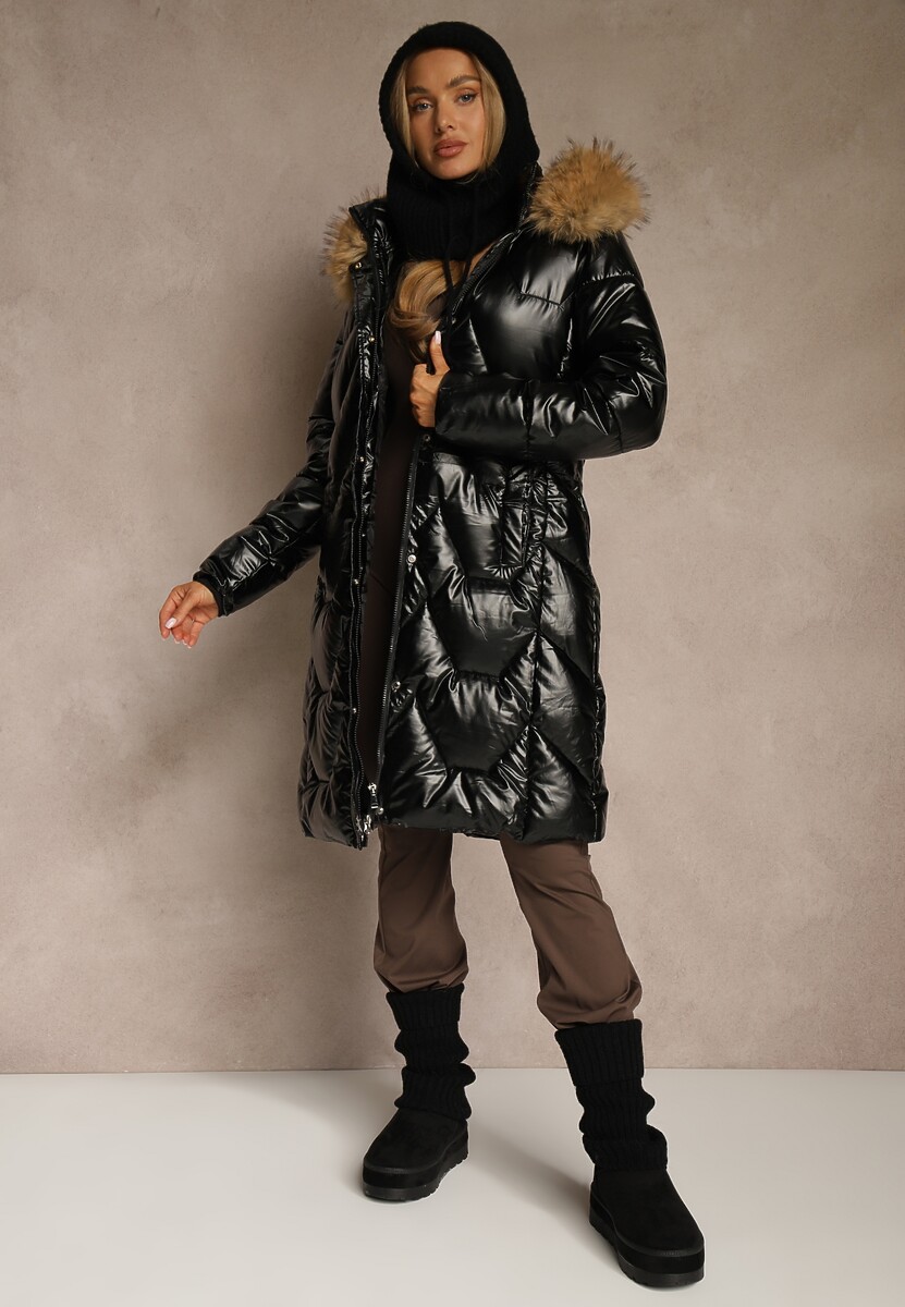 Czarno-Brązowa Pikowana Kurtka o Długim Kroju z Kapturem i Odpinanym Futrem Mocno Ocieplana Lillanea