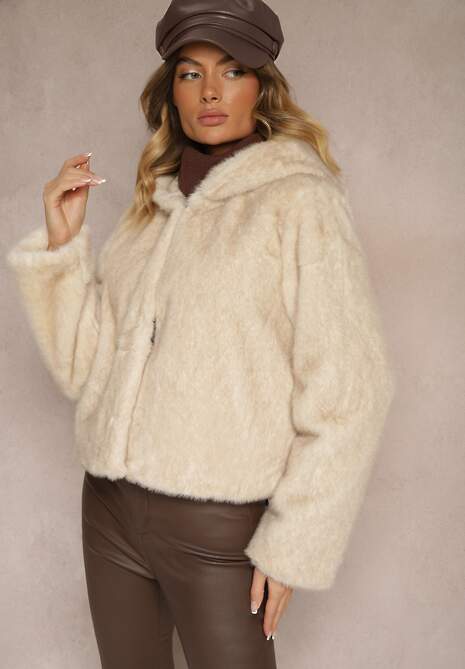 Jasnobeżowa Kurtka Futerkowa z Kapturem i Podszewką z Polarem Venorin