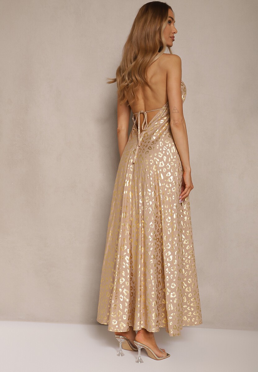 Beżowa Wiskozowa Sukienka Halter Zdobiona Metalicznym Nadrukiem w Panterkę Linaruna