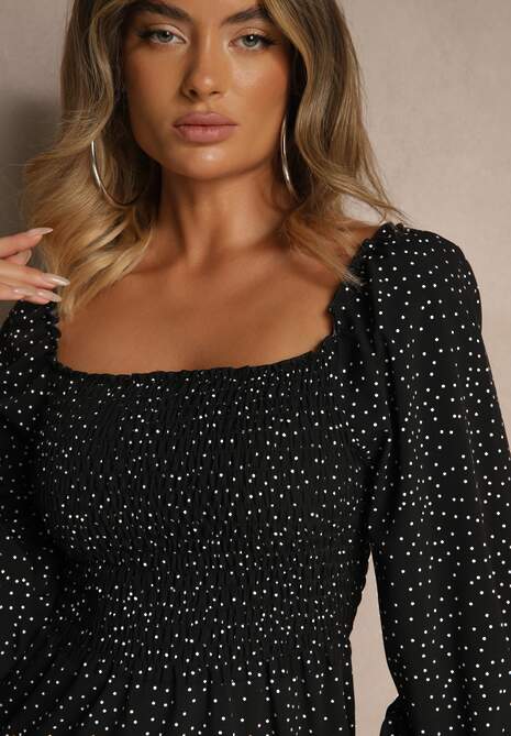 Czarna Rozkloszowana Sukienka Midi w Kropki z Hiszpańskim Dekoltem Lusena