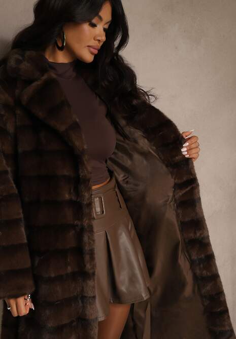 Brązowy Płaszcz Futerko z Dodatkowym Wiązanym Paskiem Alinella