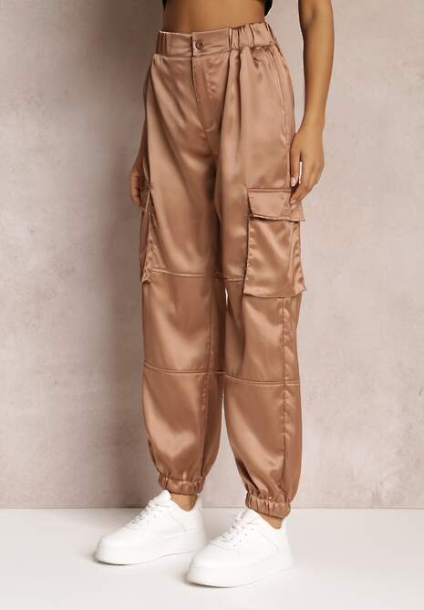 Ciemnobeżowe Spodnie Joggery z Kieszeniami Cargo na Rzep Jeandal