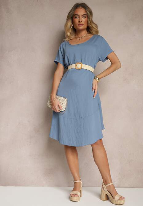 Niebieska Sukienka z Wiskozy o Rozkloszowanym Kroju Irisena