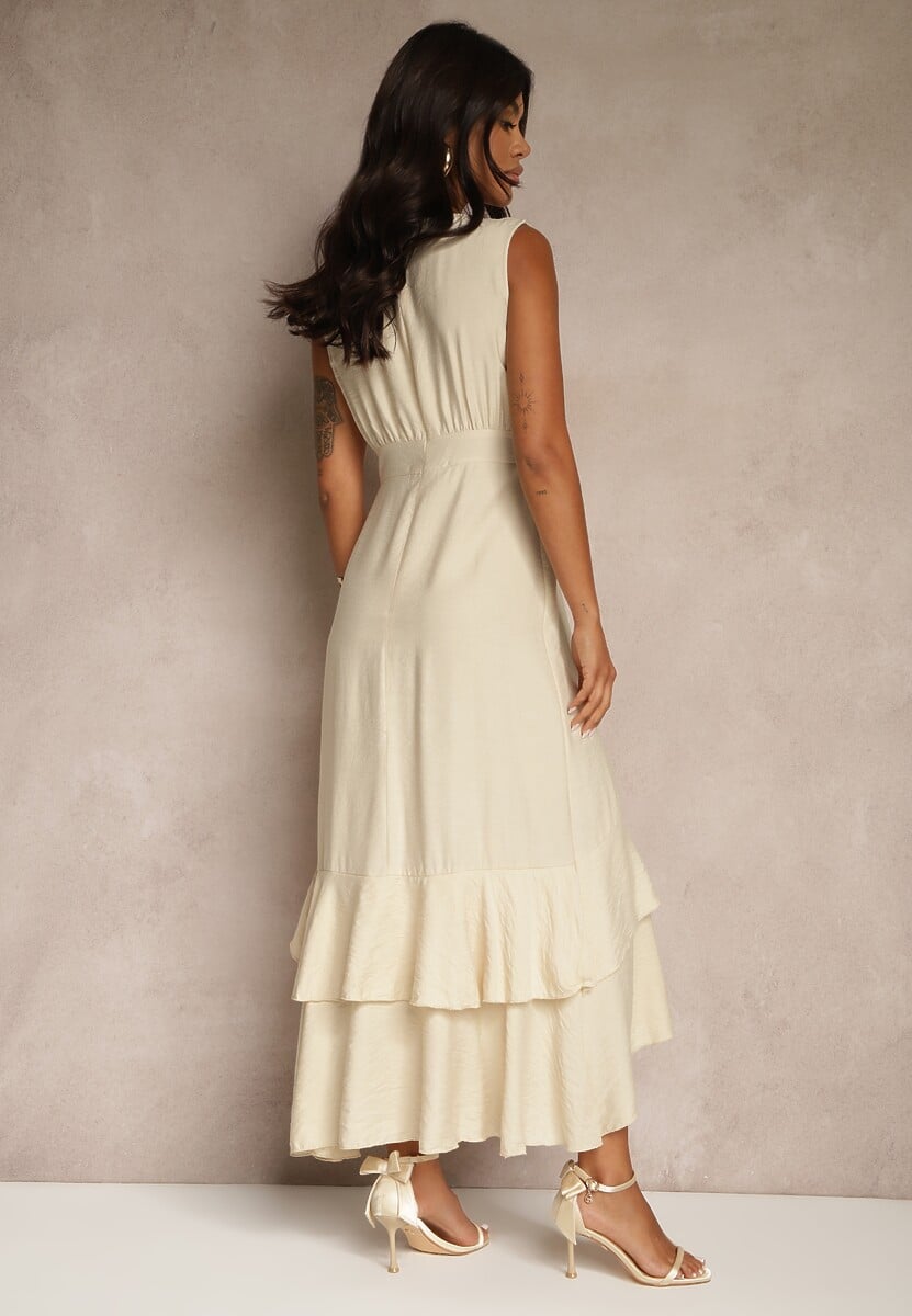 Ciemnobeżowa Sukienka z Wiskozą Ozdobiona Falbanami Doloritia