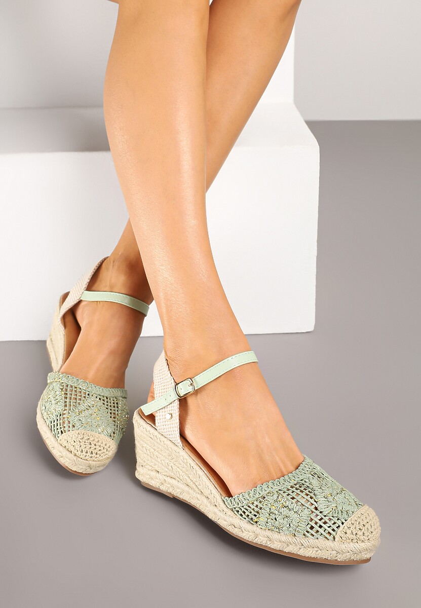 Zielone Sandały Boho z Ażurową Cholewką na Plecionym Koturnie Tenavinea