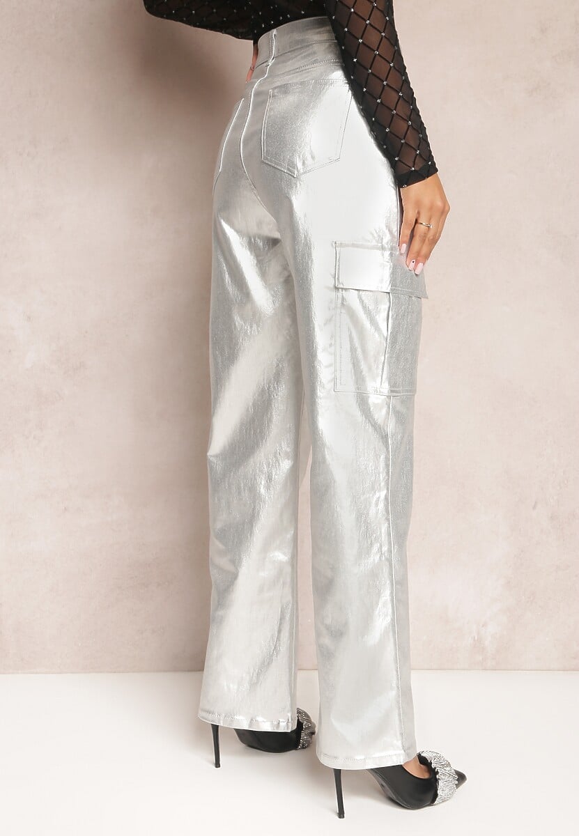 Srebrne Szerokie Spodnie Metaliczne w Stylu Bojówek Eamma