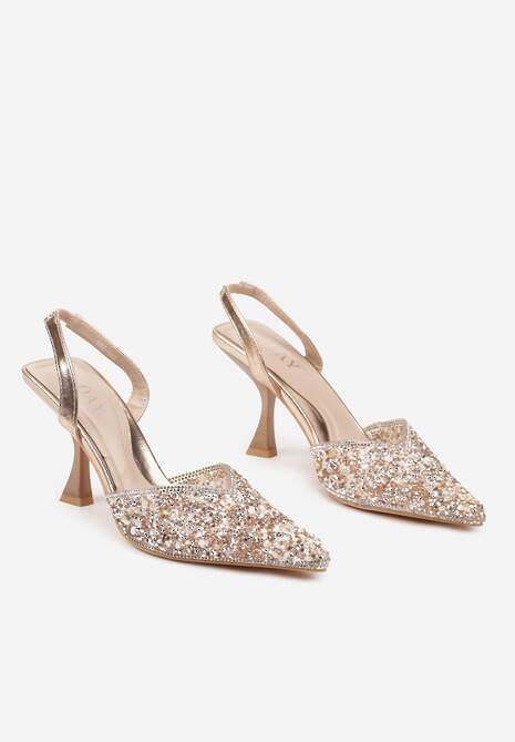 Szampańskie Cyrkoniowe Sandały ze Szpiczastym Noskiem na Obcasie Noredis