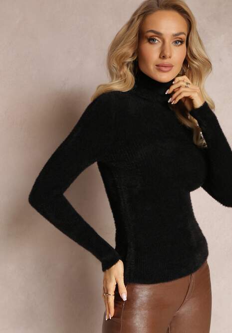 Czarny Golf Wełniany Prążkowany Detova