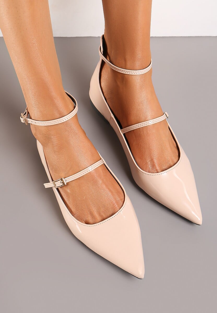 Beżowe Lakierowane Balerinki z Dwoma Paseczkami i Noskiem w Szpic Starsha
