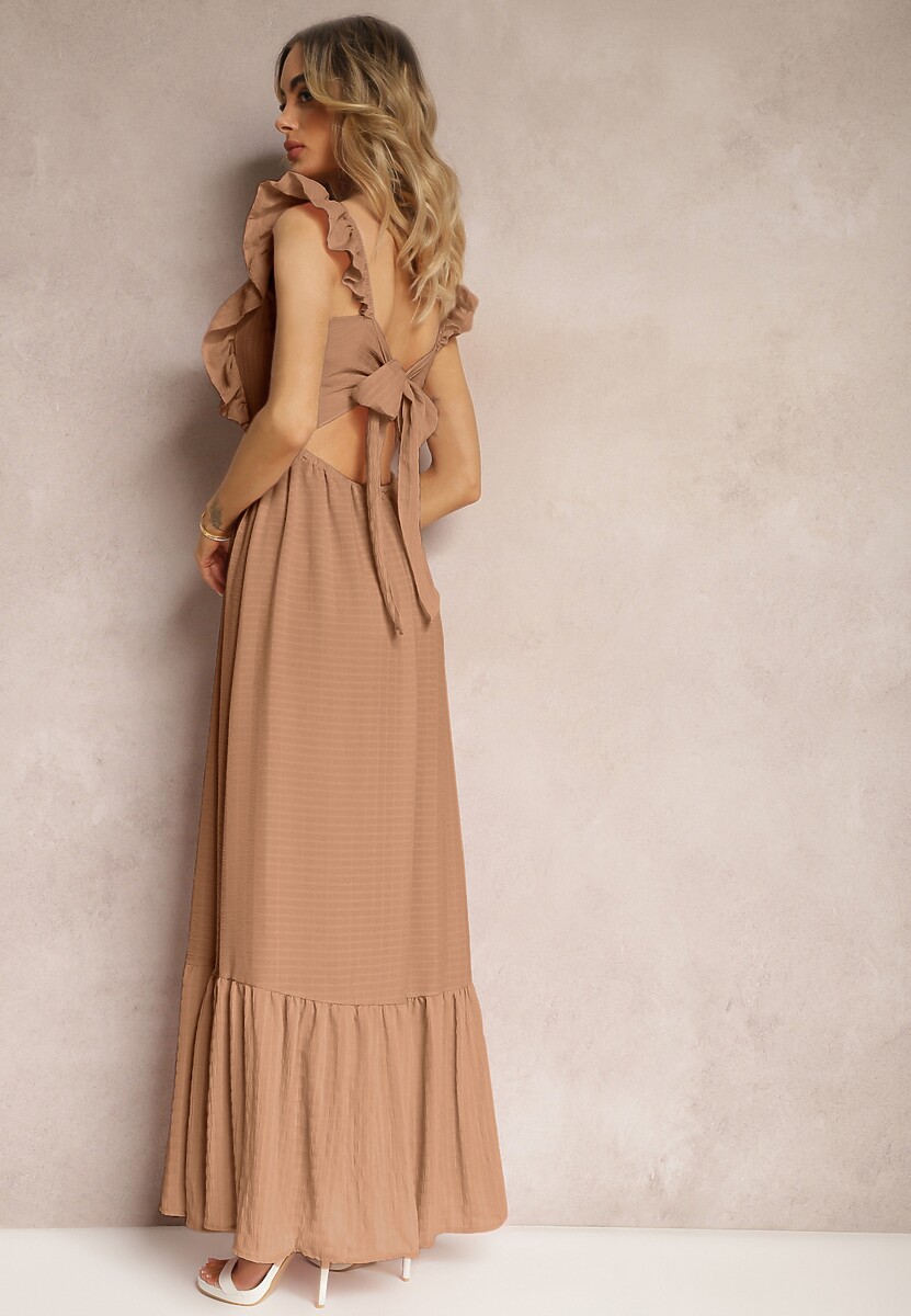 Ciemnobeżowa Sukienka z Wiązaniem na Plecach na Ramiączkach z Falbankami i Gumką w Pasie Rollas