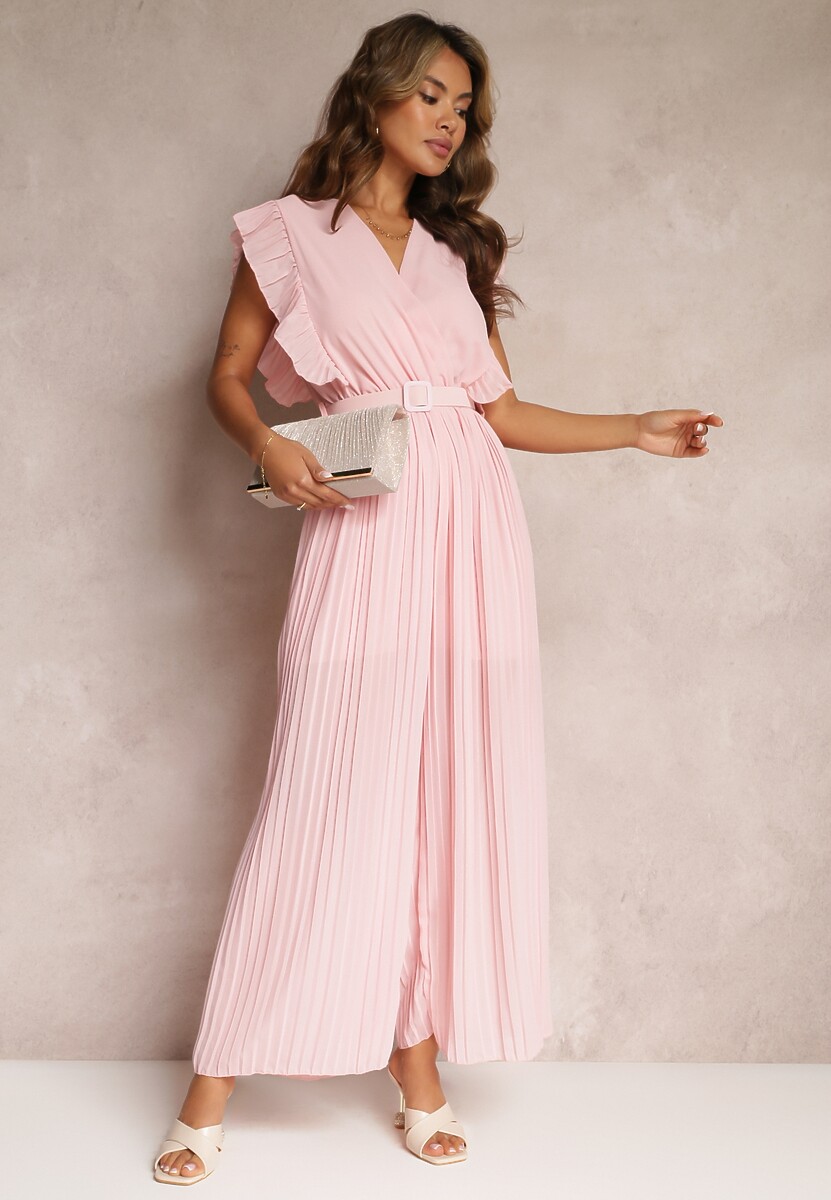 Różowy Plisowany Kombinezon z Falbankami i Szerokimi Nogawkami Jarina