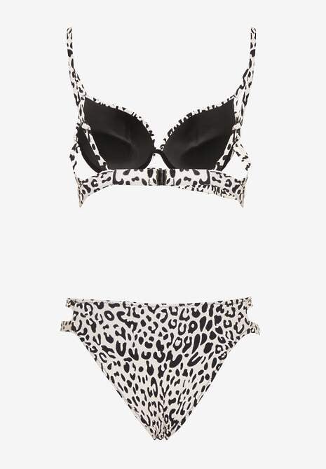 Jasnobeżowe Bikini w Panterkowy Wzór Biustonosz i Majtki Figi Zdobione Wycięciami Savrienne