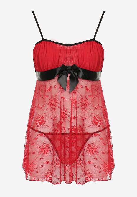 Bordowa Koronkowa Koszula Nocna i Stringi z Kokardą Ericana