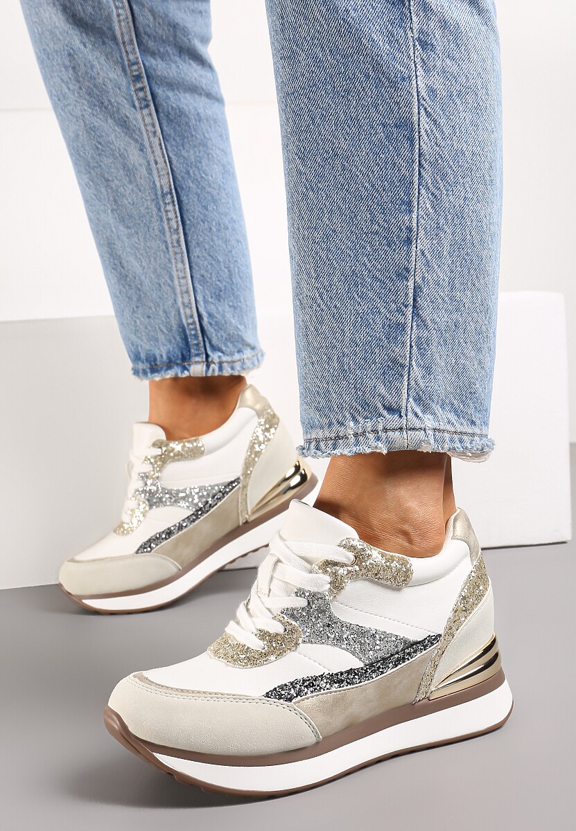 Szaro-Złote Brokatowe Sneakersy na Ukrytym Koturnie Zophiela