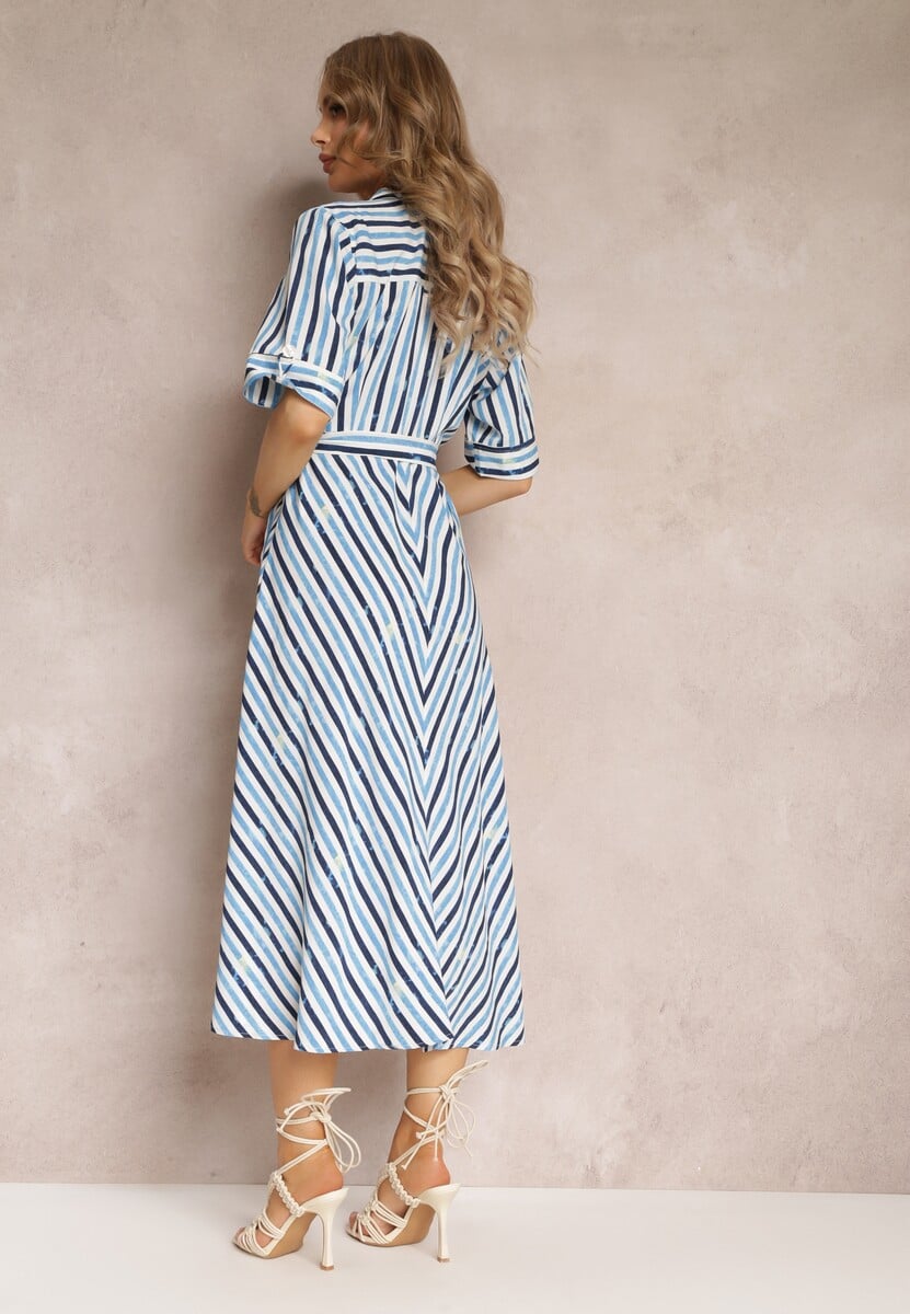Niebieska Koszulowa Sukienka Wiązana w Talii w Paski Nastika