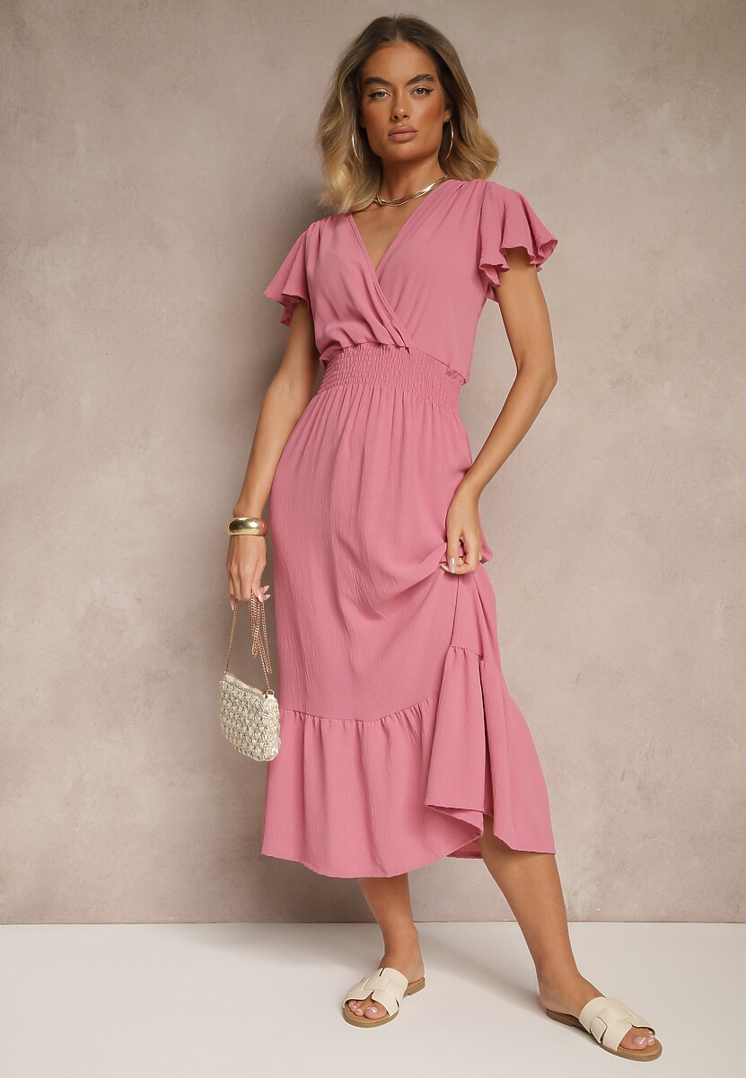 Różowa Kopertowa Sukienka o Rozkloszowanym Fasonie z Gumką w Talii Reivione