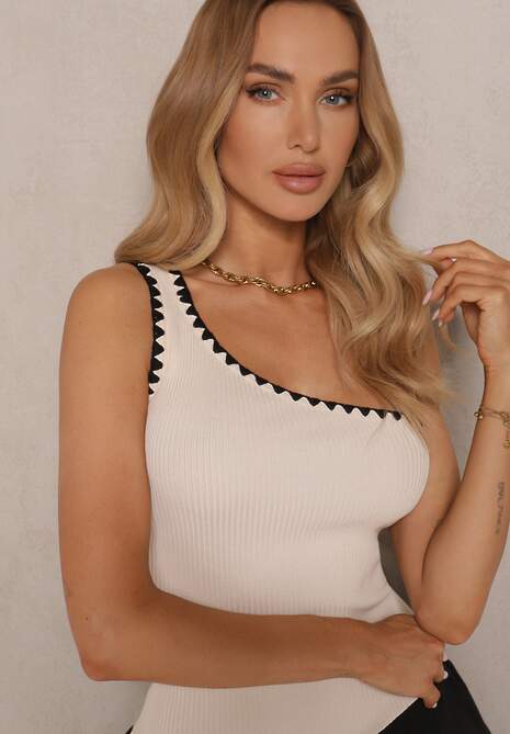 Beżowa Sukienka Bombka o Kroju na Jedno Ramię z Ozdobną Lamówką Amovia