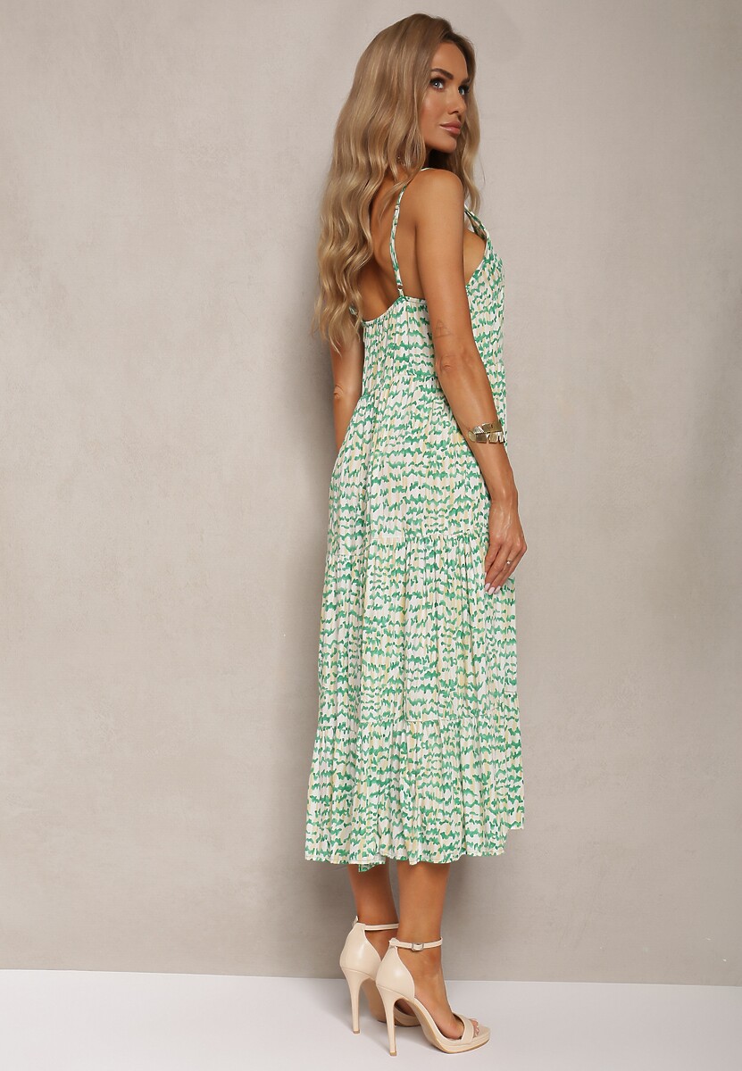 Zielona Sukienka z Wiskozy na Regulowanych Ramiączkach z Falbanką i Guzikami Vikisha