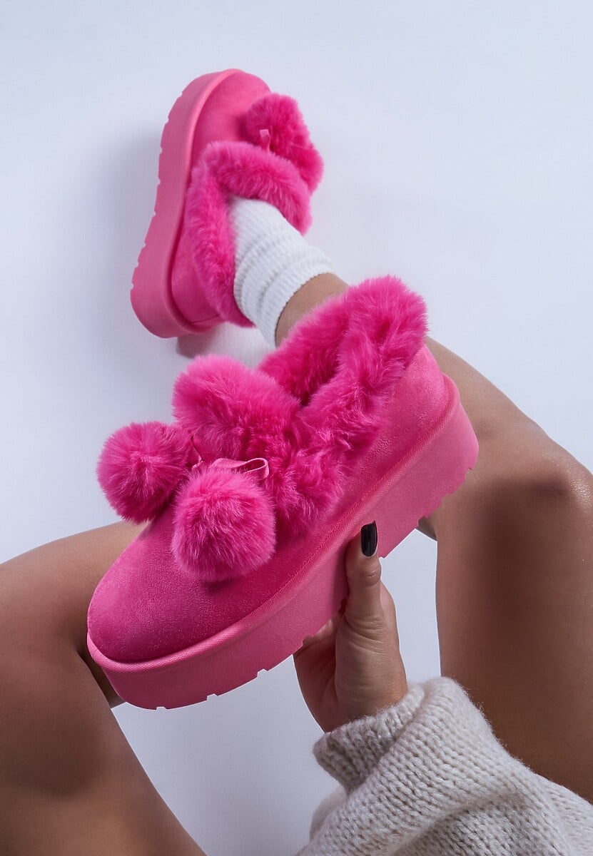 Brązowe Śniegowce na Platformie z Pomponami i Ozdobnym Sztucznym Futerkiem Iriviane