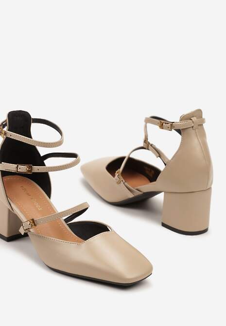 Beżowe Czółenka na Słupku Wykończone Paskami ze Sprzączkami i Kwadratowym Noskiem Naviana