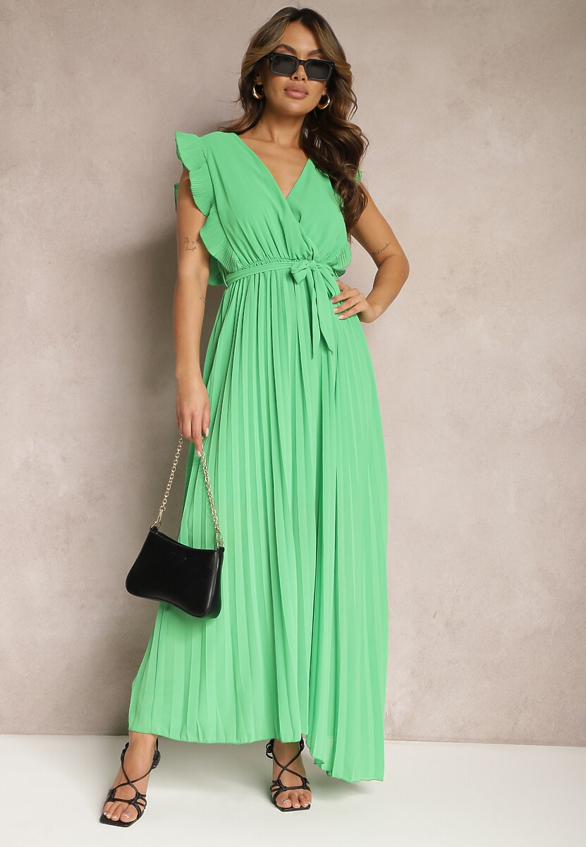 Zielona Wiskozowa Sukienka Maxi z Plisowaniem o Rozkloszowanym Kroju i Kopertowym Dekolcie Fliceris
