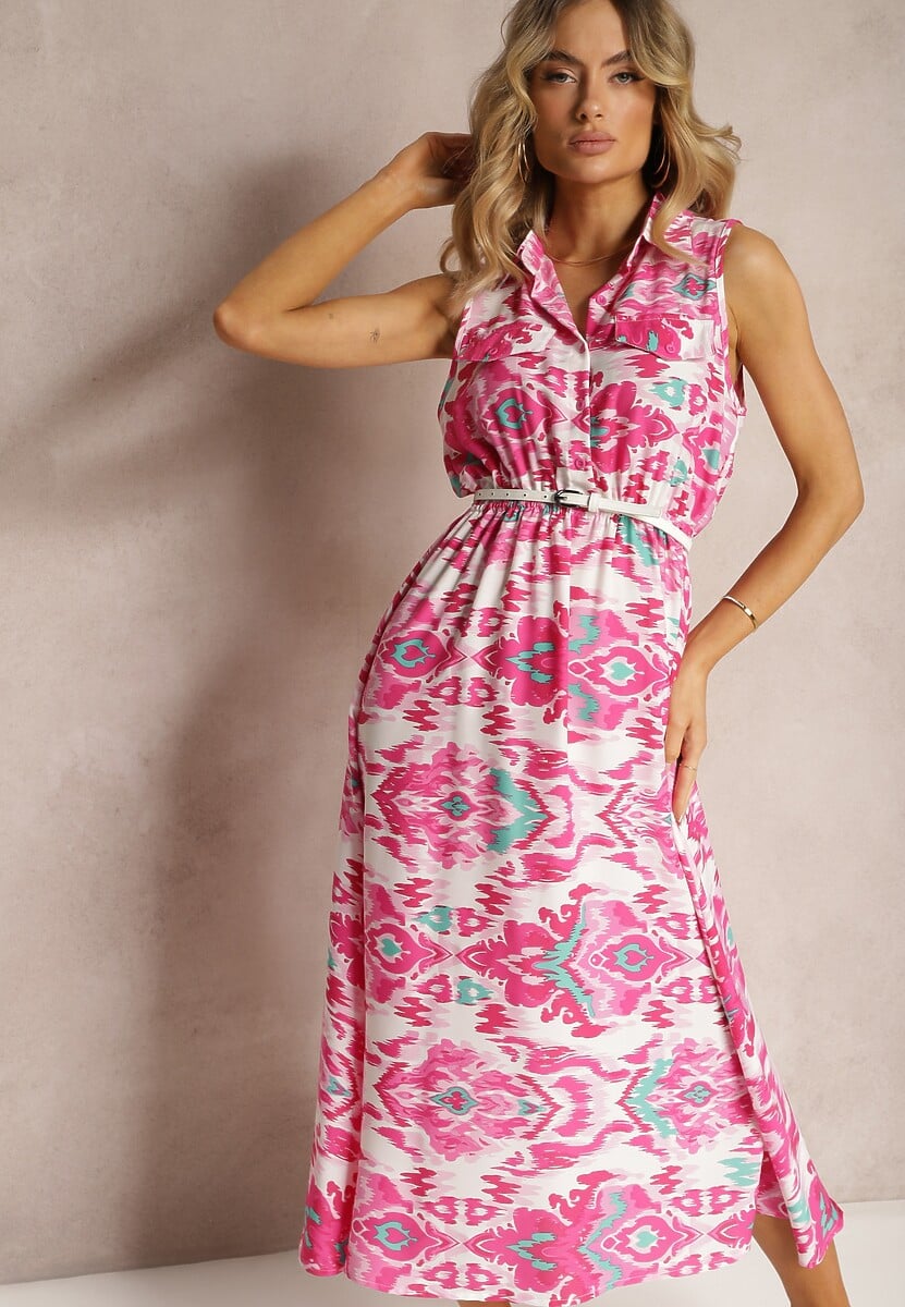 Szara Rozkloszowana Sukienka z Ozdobnymi Naszyciami na Dekolcie w Abstrakcyjni Print Flubia