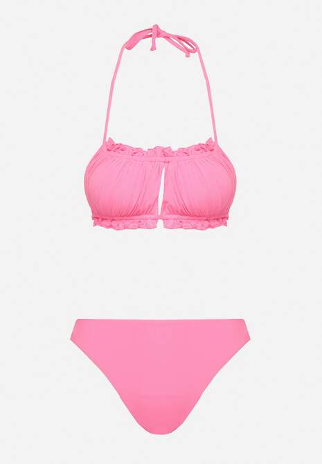 Różowe Bikini Majtki Figi Biustonosz z Wiązaniem Ozdobiony Marszczeniem Folinira