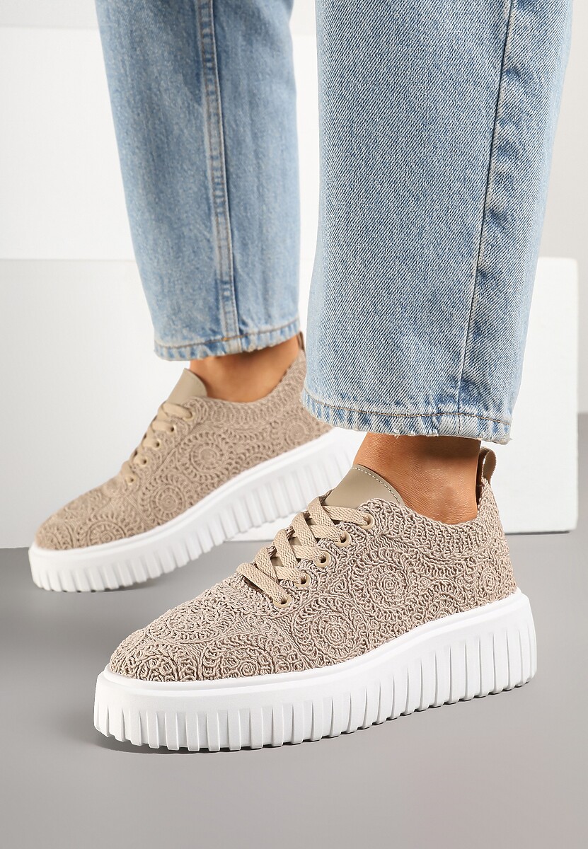 Ciemnobeżowe Ażurowe Sneakersy na Platformie Ellisara