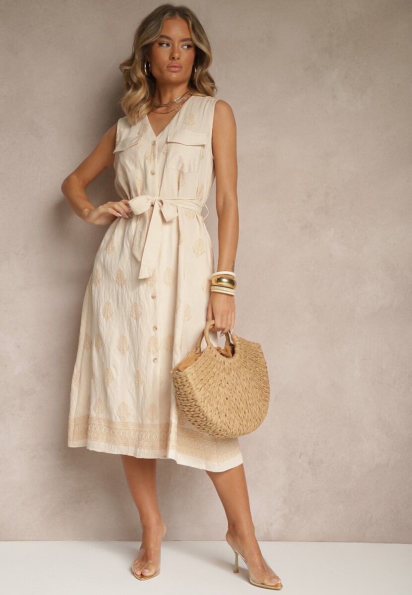 Beżowa Koszulowa Sukienka z Wiskozy Ozdobiona Paskiem i Haftami Aralova