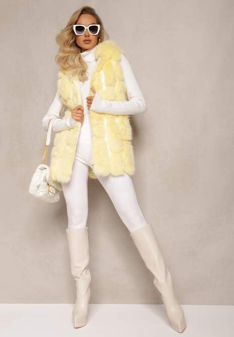 Żółta Futrzana Kamizelka z Kapturem Konessa