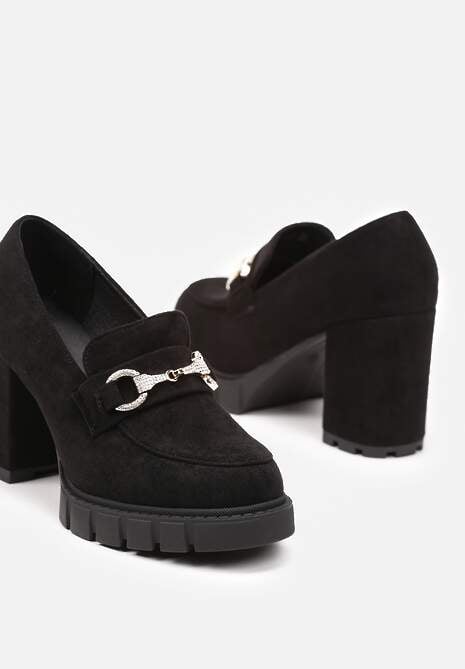 Czarne Czółenka na Obcasie z Platformą i Klamerką z Cyrkoniami Arivela