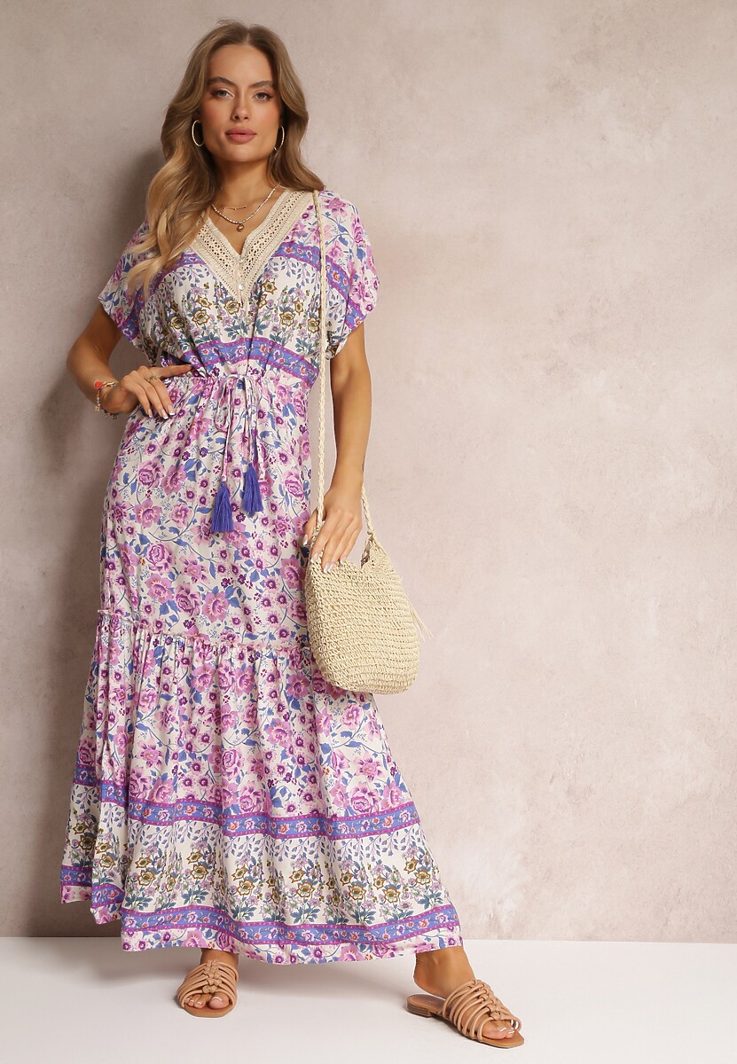 Fioletowa Sukienka Maxi ze Sznurkiem w Talii i Koronkową Wstawką przy Dekolcie Mererid