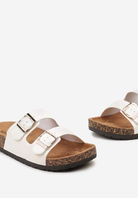 Białe Korkowe Klapki z Dwiema Klamrami na Niskiej Platformie Nyriala
